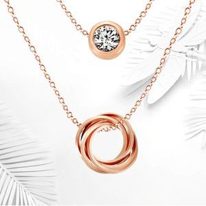 Rose Gold Double Layer Round Cubic Zirconia Elegant Necklace